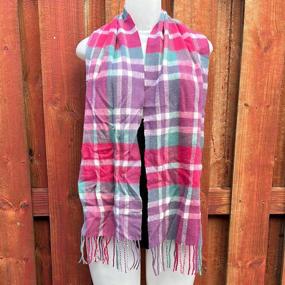 Lochmere 100% Cashmere Pink and Purple Plaid Scarf with Fringe Pink Fusion
